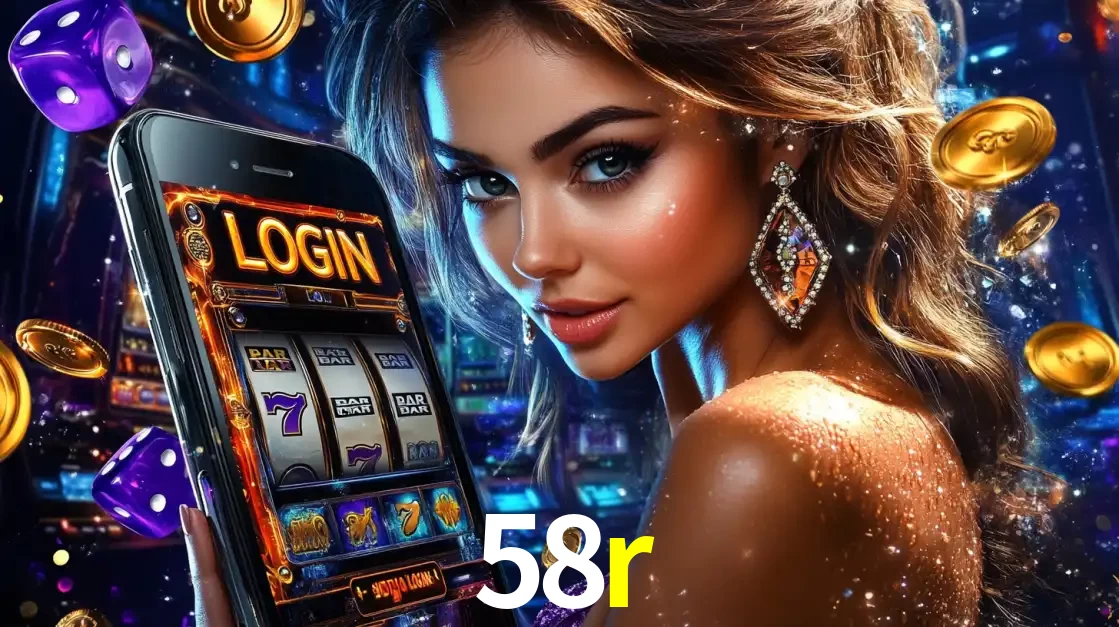 Mulher glamorosa segurando um smartphone com a tela de login para os jogos de caça-níqueis do cassino online 58r, com moedas de ouro e dados ao redor.