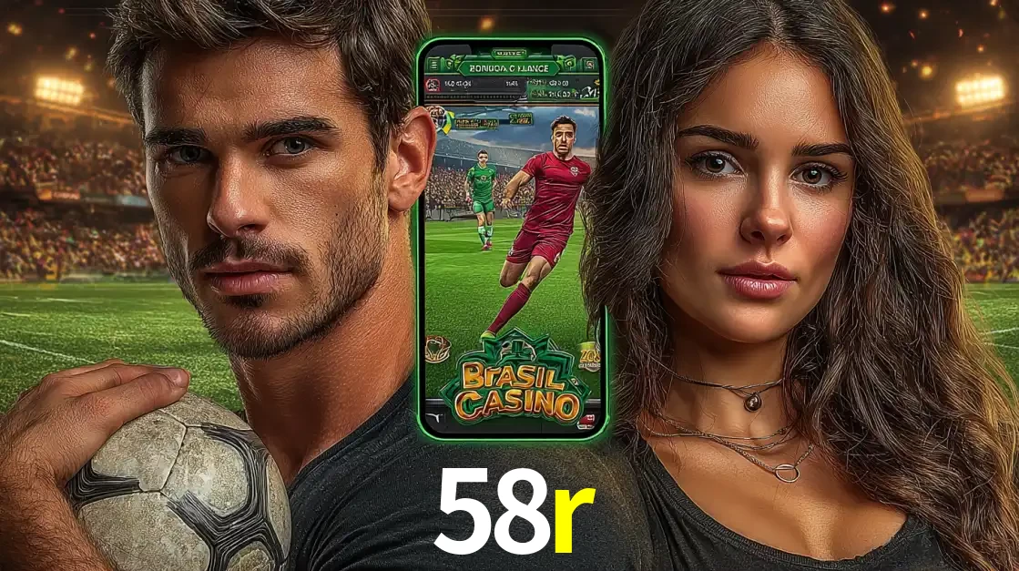 Homem segurando uma bola de futebol e uma mulher ao lado de um smartphone exibindo o jogo de apostas esportivas da 58r. Faça seu palpite no cassino online.